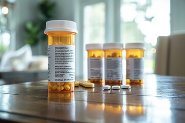 A table displaying three pill bottles with labels indicating opioid medication. - obrazy, fototapety, plakaty