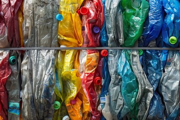 Various colored plastic bags stored on a shelf, showcasing packaging waste and the need for recycling.