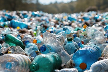 Numerous plastic bottles littering the ground in a landfill, contributing to pollution.