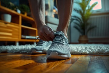 Close-up of a mans hand tying shoelaces on a wooden floor. - obrazy, fototapety, plakaty