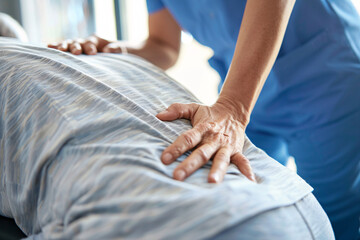 Physiotherapist's hands on patient's back during therapy session