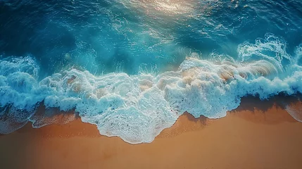 Foto auf Acrylglas an exhilarating aerial view capturing the vast expanse of ocean waves crashing onto a sun-kissed beach © growth.ai