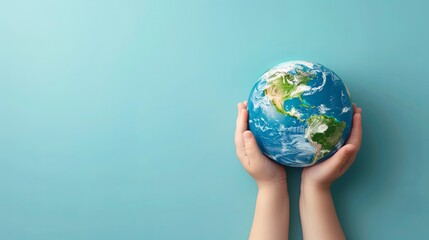 World Earth Day Concept. Green Energy, ESG, Renewable and Sustainable Resources. Environmental Care. Hands of People Embracing a Handmade Globe. Protecting Planet Together. Top View eco care ecology