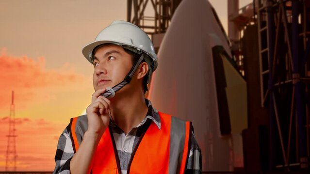 Close Up Of Asian Male Engineer With Safety Helmet Thinking About Something And Looking Around While Standing With Space Shuttle, Sunset Time
