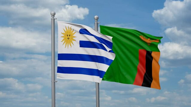 Zambia and Uruguay two flags waving together, looped video, two country cooperation concept