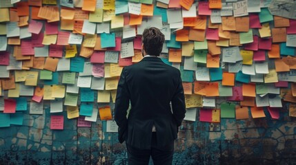 Serious thoughtful young businessman ceo near whiteboard with adhesive sticky notes thinking about ideas of planning strategy project standing at panoramic window of modern business office. - Powered by Adobe