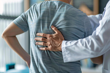 Physiotherapist assessing man with back pain in clinic