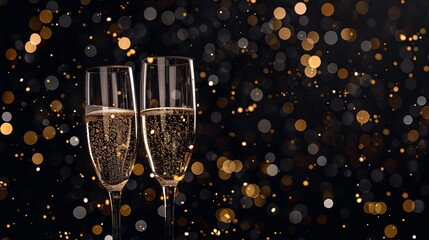 Two elegant champagne flutes clink against a black background, ready for a festive toast Festive luxury celebration birthday new year's eve sylvester or other holidays background banner greeting card  - obrazy, fototapety, plakaty