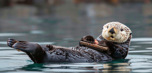 A playful otter floating on its back in a calm river, using its nimble paws to crack open shells...