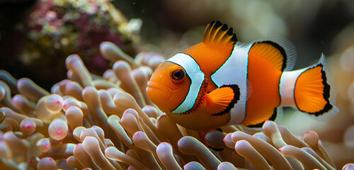 Naklejka na ściany i meble A colorful clownfish peeking out from the protective embrace of an anemone, its vibrant orange and white stripes providing the perfect camouflage against the reef backdrop