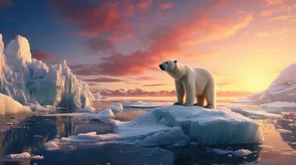 Fotobehang A majestic polar bear surveys its Arctic habitat amidst melting ice, symbolizing climate change impacts © Vodkaz