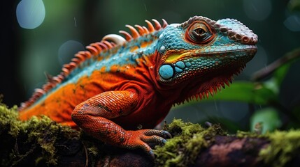 Fototapeta premium A strikingly colorful orange iguana stands out against the green backdrop of rainforest flora