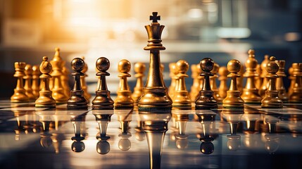 A symbolic chessboard depicting a complex business challenge. The pieces represent different strategic elements, arranged in a tense standoff - obrazy, fototapety, plakaty