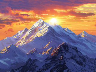 Naklejka premium Majestic snow-capped mountain peaks at golden sunrise/sunset