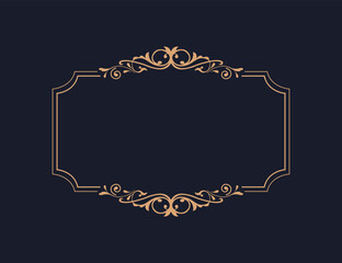 Thin gold beautiful decorative vintage frame for your design. Making menus, certificates, salons and boutiques. Gold frame on a dark background. Space for your text. Vector illustration. - 767843547