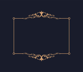 Thin gold beautiful decorative vintage frame for your design. Making menus, certificates, salons and boutiques. Gold frame on a dark background. Space for your text. Vector illustration. - 767843548