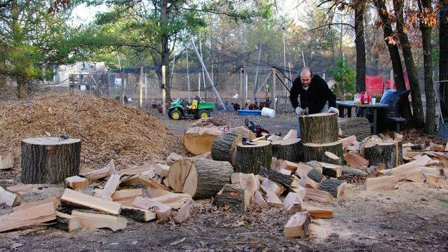 Time lapse of man using ax to split block of wood while processing oak timber into firewood next to pile of mulch and cage free chickens walking in the background.