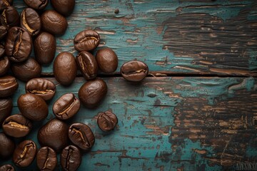Coffee beans on a rustic wooden surface, highlighting their natural appeal.