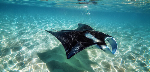 A majestic manta ray gliding gracefully through the crystal-clear waters of a tropical lagoon, its...