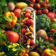 HD 3D render Clear capsule filled with essential multivitamins amidst vibrant - obrazy, fototapety, plakaty