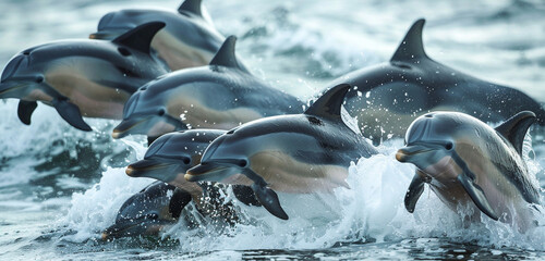 A playful pod of dolphins frolicking in the waves, their sleek bodies gliding effortlessly through the water as they chase each other in a game of tag - obrazy, fototapety, plakaty