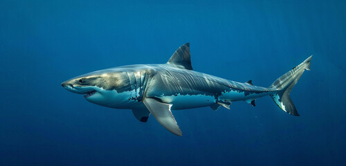 A sleek and powerful great white shark patrolling the murky depths of the open ocean, its keen...