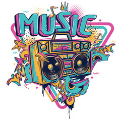 Music emblem - funky boom box tape recorder  with colorful abstract graffiti arrows and notes