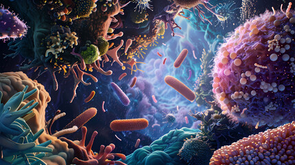 Artistic representation of a diverse gut microbiome with various beneficial bacteria