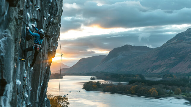 Rock climber hanging off cliff face with striking landscape view