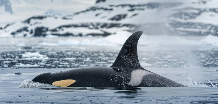 A sleek and stealthy orca hunting for prey in the frigid waters of the Arctic, its dorsal fin slicing through the icy depths with deadly precision
