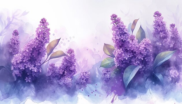 Watercolor painting of beautiful purple lila flowers on white background with delicate watercolor splashes