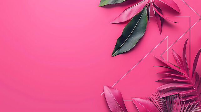 Leaves of ruscus and chrysanthemums on bright pink background, copy space for text