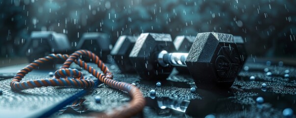 Dumbbells with a skipping rope and a mat on a dark background. - obrazy, fototapety, plakaty