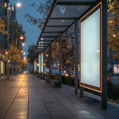 A blank white billboard at bus stop on street, for advertising mockups and urban city concepts and presentations.