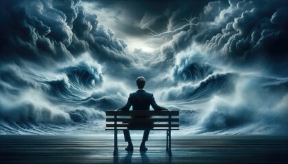 Man sitting facing gigantic waves and storm - A surreal image featuring a man sitting on a bench staring at colossal waves forming a stormy scene with lightning strikes - obrazy, fototapety, plakaty