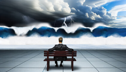 Man on bench with stylized stormy ocean backdrop - A digital image depicting a man sitting on a bench against a stylized backdrop of an abstract stormy ocean with a clear sky