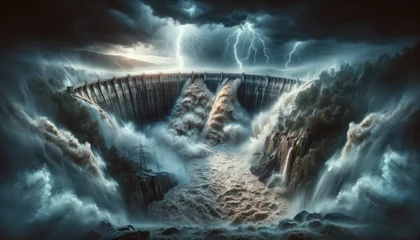 Foto op Aluminium Stormy dam overflow with dramatic lightning - A composite image showing an overflowing dam with lightning strikes creating a powerful, ominous scene amidst dark clouds © Mickey
