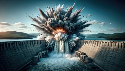 Explosion at hydroelectric dam artwork - A catastrophic explosion at a hydroelectric dam, illustrated with flying debris and intense force - obrazy, fototapety, plakaty