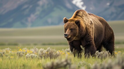 A solitary brown bear wanders through a meadow with blooming flowers, against a backdrop of distant mountains.