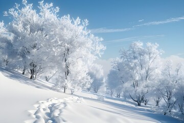 Frozen Wonderland: Icy winter landscape with frost-covered trees and a pristine layer of snow.

