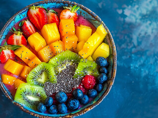 Vibrant colorful tropical fruit smoothie bowl with chia seeds top view