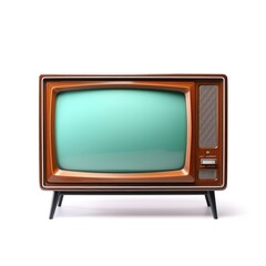 Vintage TV with green screen, on a white background in hardwood frame