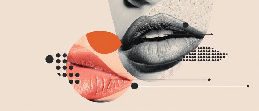 Modern illustration of a woman's lips in a kiss shape in a black halftone effect based on small dots.