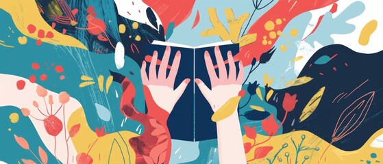 Hands of a female holding book with lettering quote - Read, learn, explore. Love reading concept with waves of magic and imagination. Flat modern illustration in modern colorful style.