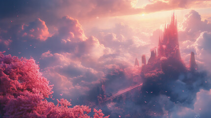 Mystical Castle Amidst Pink Clouds at Sunset - obrazy, fototapety, plakaty