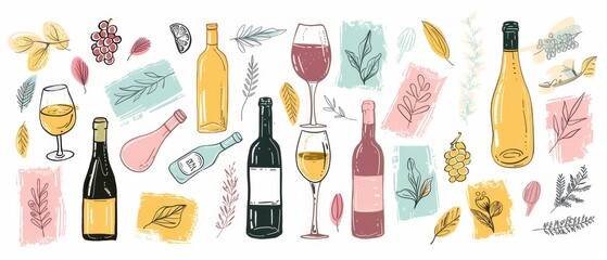 Doodle hand drawn wine elements set on white background. Bottles, glasses, grapes, etc. Line modern illustration collection.