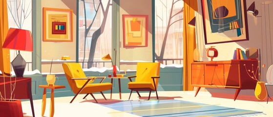 There is a living room with tables, nightstands, paintings, lamps, vases, carpets, porcelain sets, soft chairs and a room with two large windows. Outside there is a winter landscape with trees.