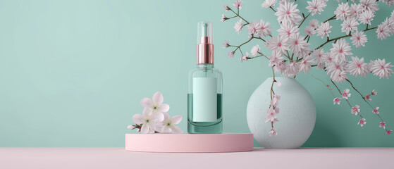 Turquoise cosmetic mockup. Banner with cream jar, container, serum bottle, flowers and leaf. Skin Care beauty concept. Showcase for product presentation. Ads background. Generative ai	