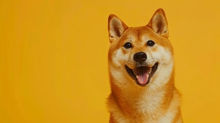 Close-up portrait of a cute white dog with a brown patch on its eye Happy smiling shiba inu dog isolated on yellow orange background with copy space. Red-haired Japanese dog smile portrait  - obrazy, fototapety, plakaty