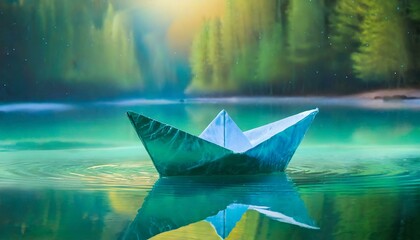 Paper Boat Odyssey: A Solitary Voyage Across Calm Waters paper boat floating in the water - obrazy, fototapety, plakaty